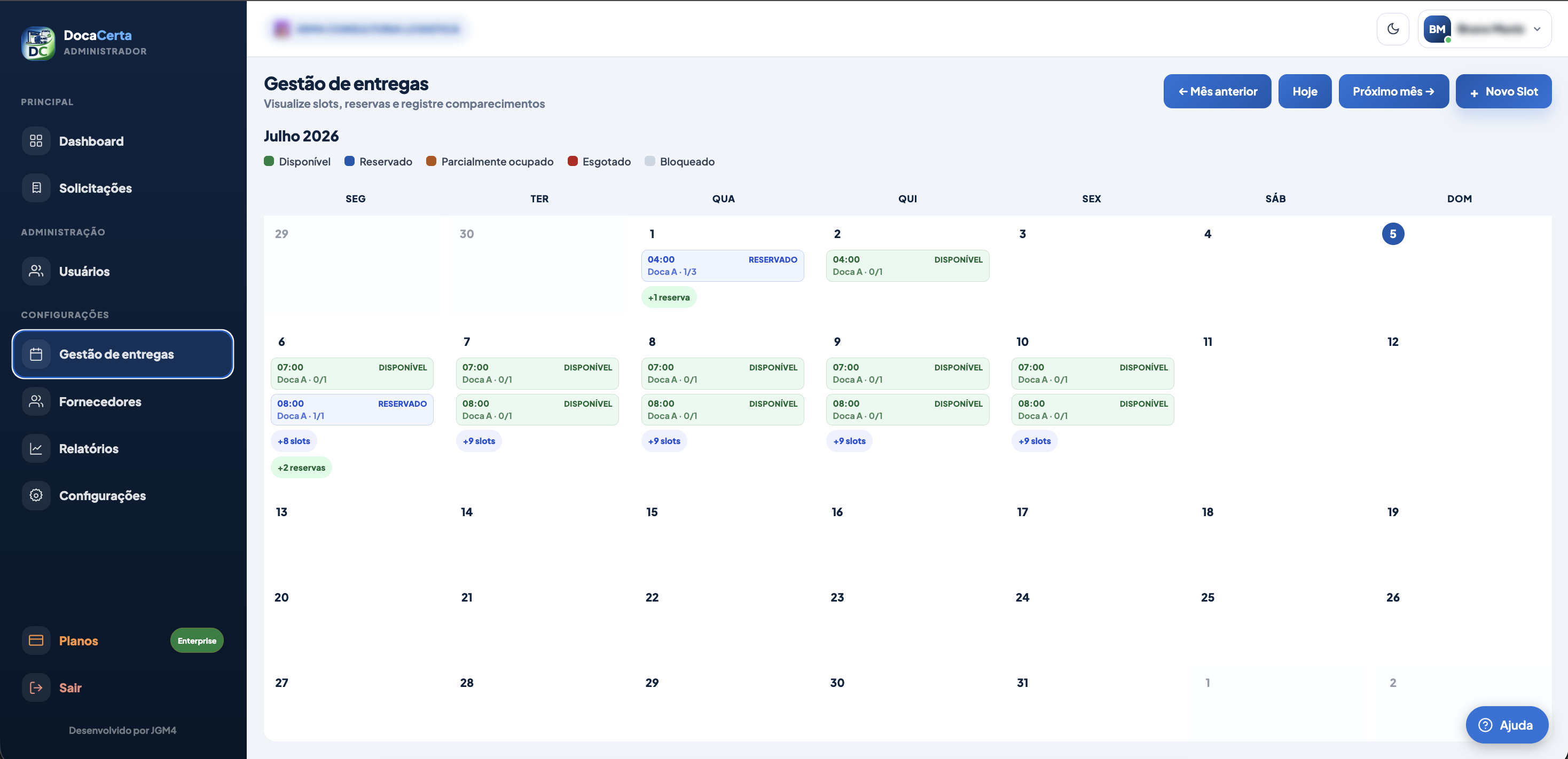 Tela de gestão de entregas com calendário, slots e reservas